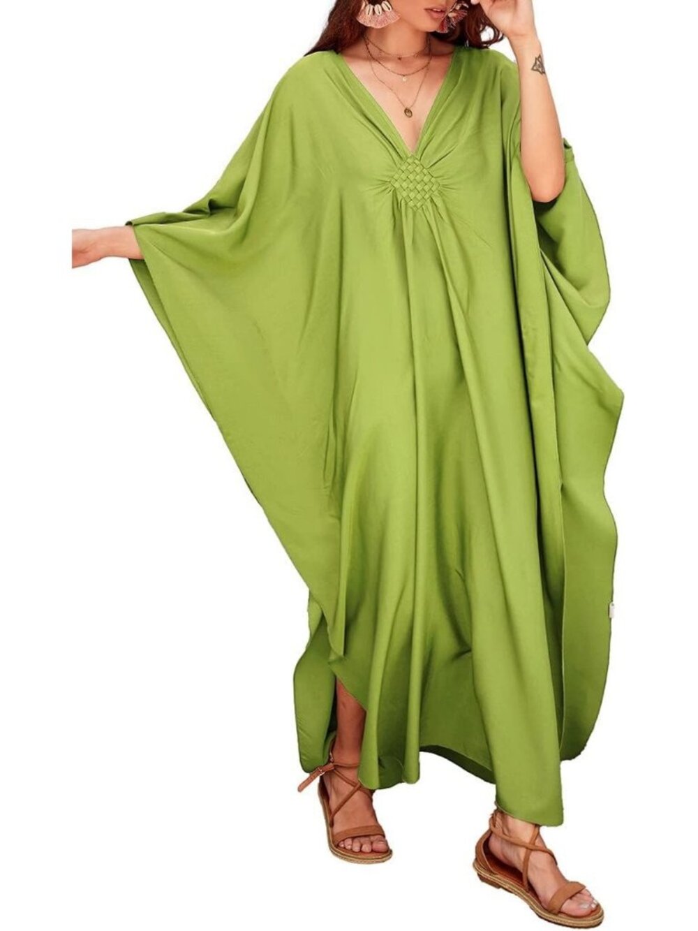 Women's Plus Size Light Green Kaftan Maxi Dress V Neck Batwing Swimsuit Cover Up